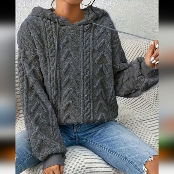 Solid Fuzzy Gray Textured Hooded Sweatshirt Sz 20 - Picture 4 of 4